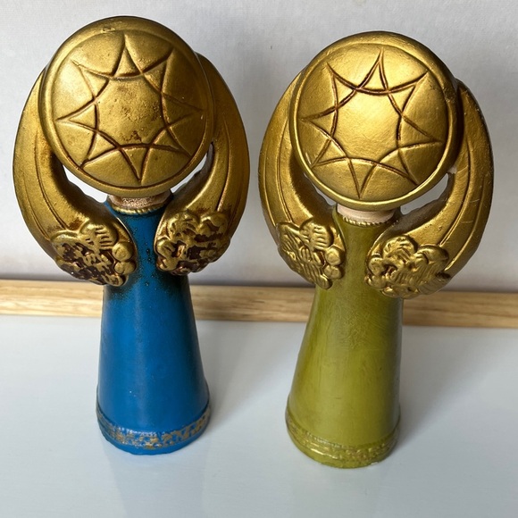 Vintage Japan Angel Figurines Pair Blue Green Gold Halo Praying Christmas Decor - Picture 2 of 13